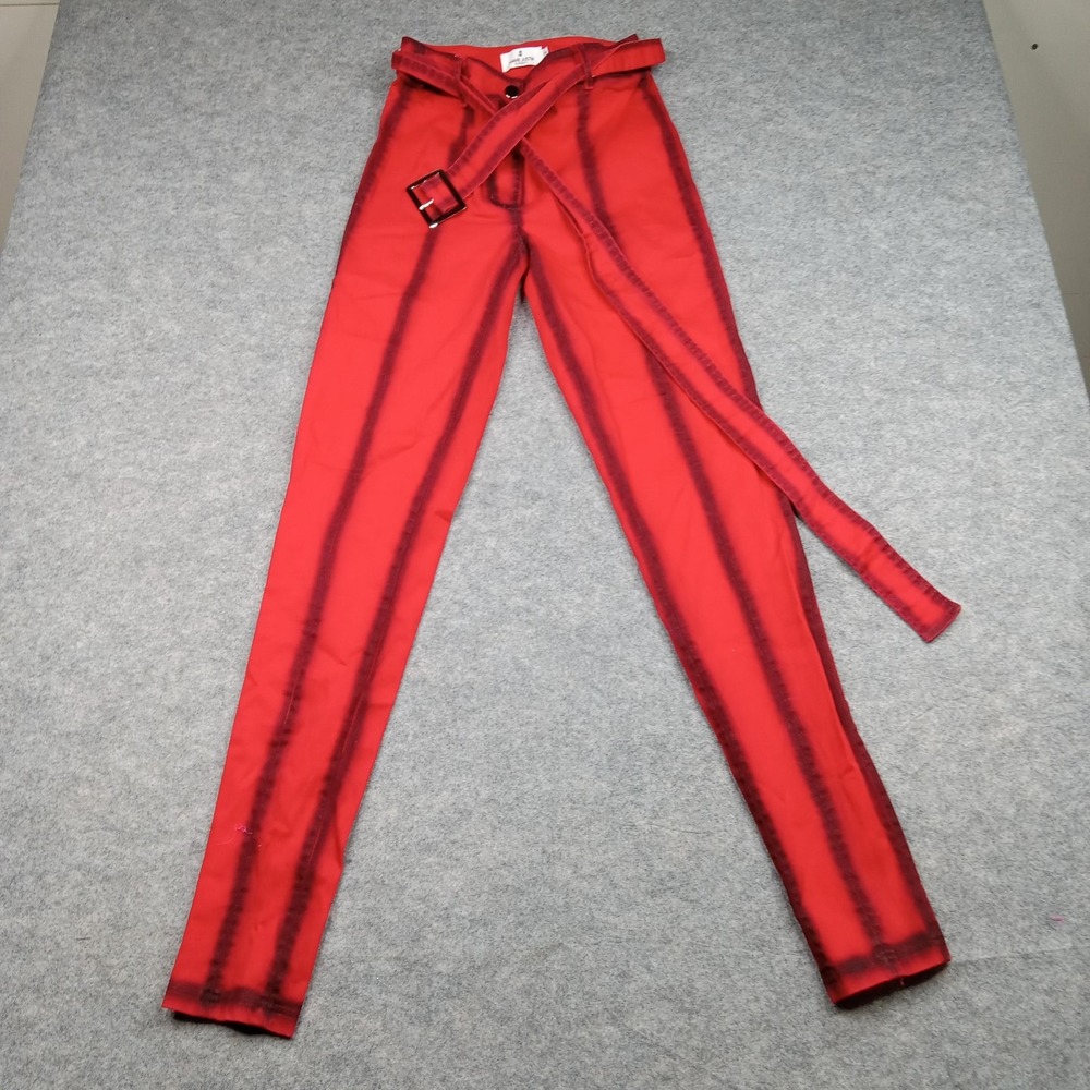 Shane Justin Runway Pants Womens Small Red Black Stripe Belted High Rise Stretch